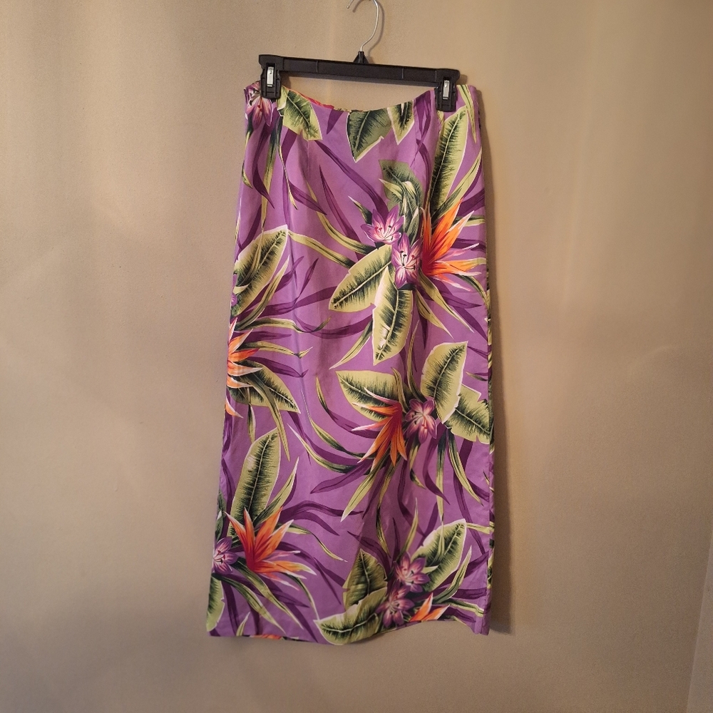 Vintage 100% Silk Worthington Tropical Floral Maxi Skirt - Purple and Gr…